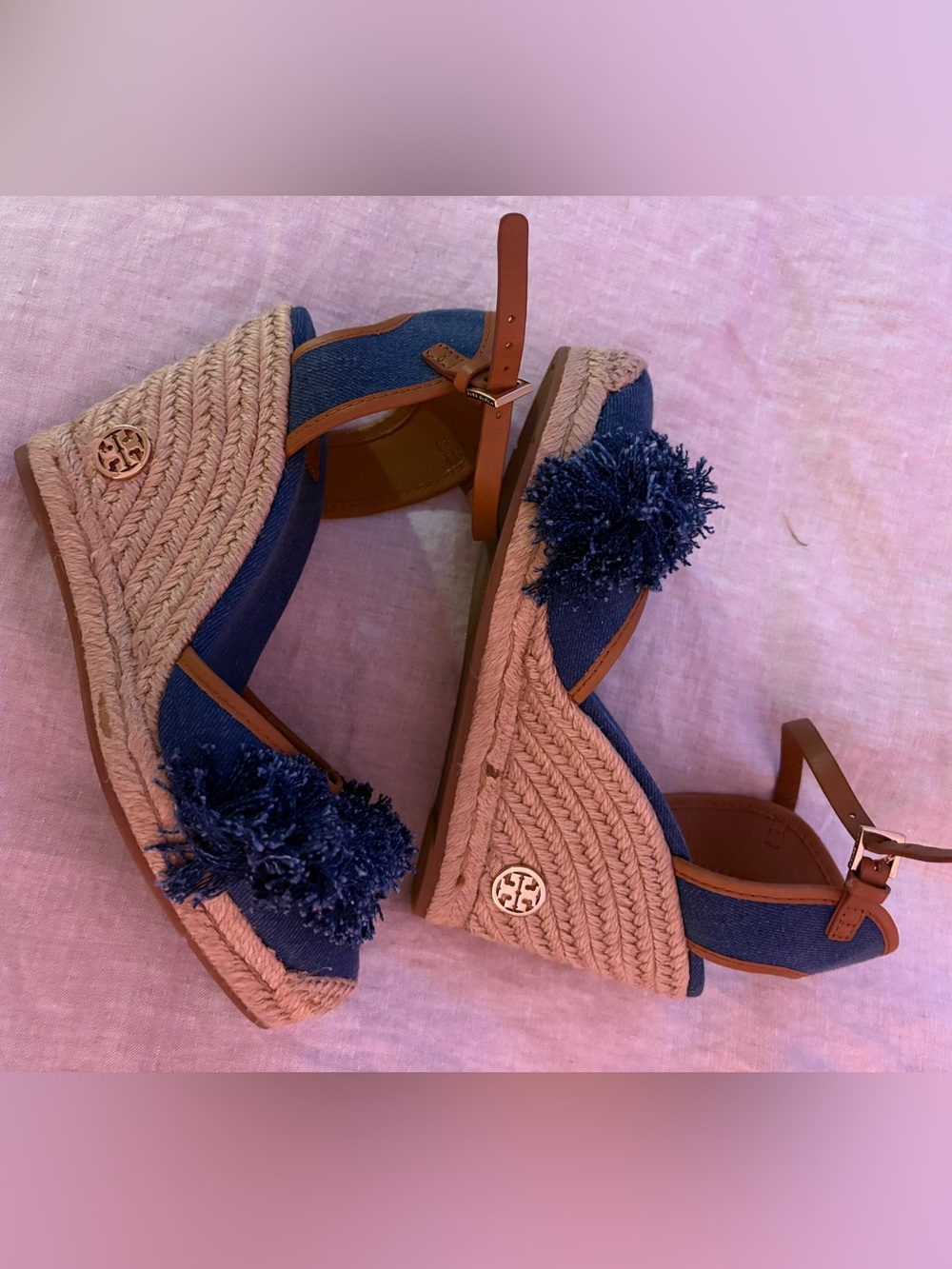 Tory Burch Navy Denim Espadrille Wedge Sandals with Pom Detail